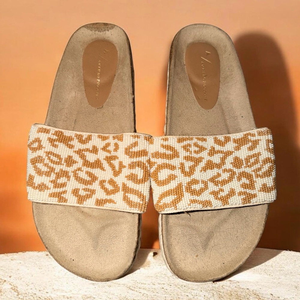 Anthropologie Leopard Beaded Slide Sandals in Tan and Cream